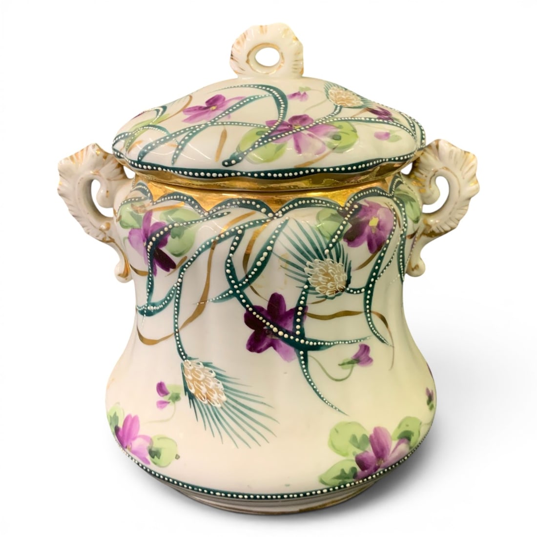Vintage Porcelain Sugar Pot: Vintage Porcelain Lidded Sugar Pot With Purple Floral Designs And Gold Accents7 5/8" Tall