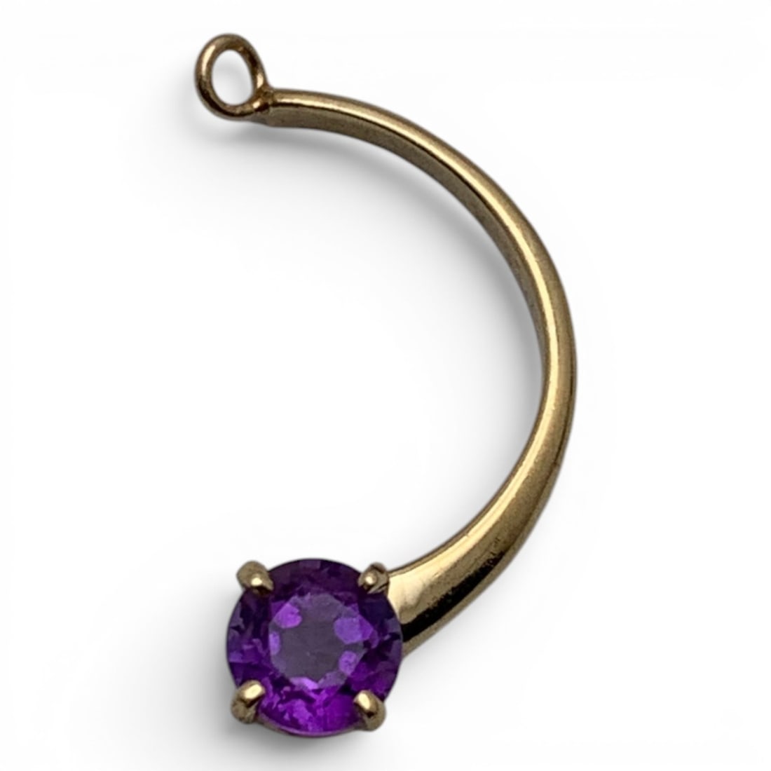 14k Yellow Gold & Purple Amethyst Pendant: 14k Yellow Gold Curved Pendant Featuring A Round Cut Purple Amethyst Gemstone Tests 14k - 7/8" Long - 0.7 DwtGemstones Tested With Presidium Gem Tester Il - Berners Does Not Guarantee Authenticity Of 