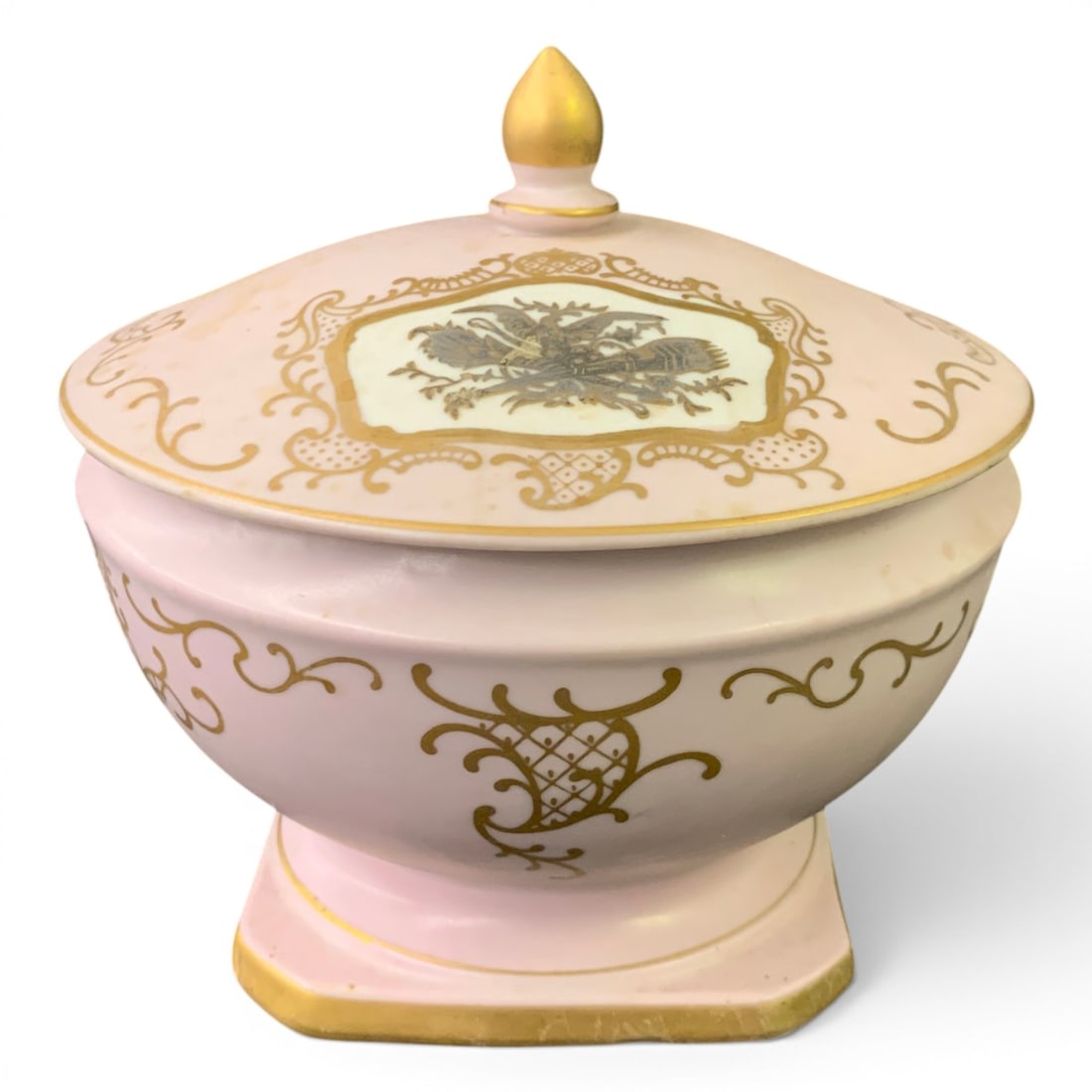 Vintage Lidded Porcelain Footed Bowl: Vintage Lidded Porcelain Footed Bowl Featuring Gold Decorative Accents On A Pink Body 6 1/4" Tall