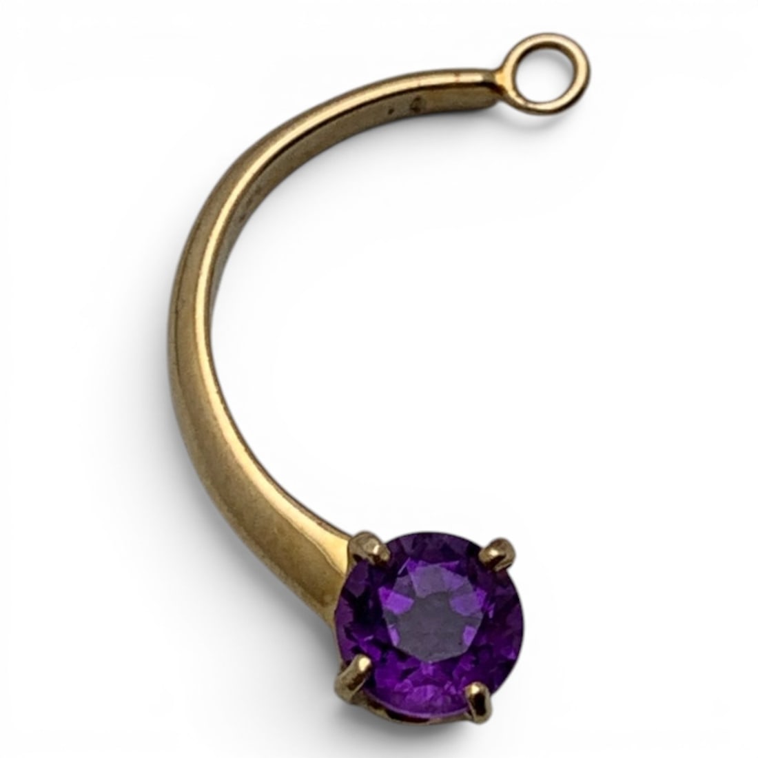 14k Yellow Gold & Purple Amethyst Pendant: 14k Yellow Gold Curved Pendant Featuring A Round Cut Purple Amethyst Gemstone Tests 14k - 7/8" Long - 0.7 DwtGemstones Tested With Presidium Gem Tester Il - Berners Does Not Guarantee Authenticity Of 