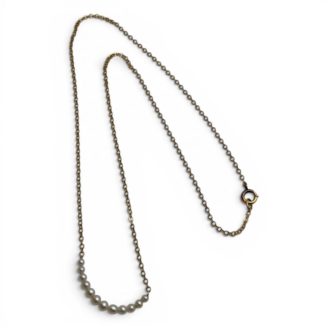 14k Yellow Gold & Pearl Necklace: 14k Yellow Gold Chain Necklace Featuring White Seed Pearls Marked 14k - 14" Long - 0.6 DwtGemstones Tested With Presidium Gem Tester Il - Berners Does Not Guarantee Authenticity Of Gemstones
