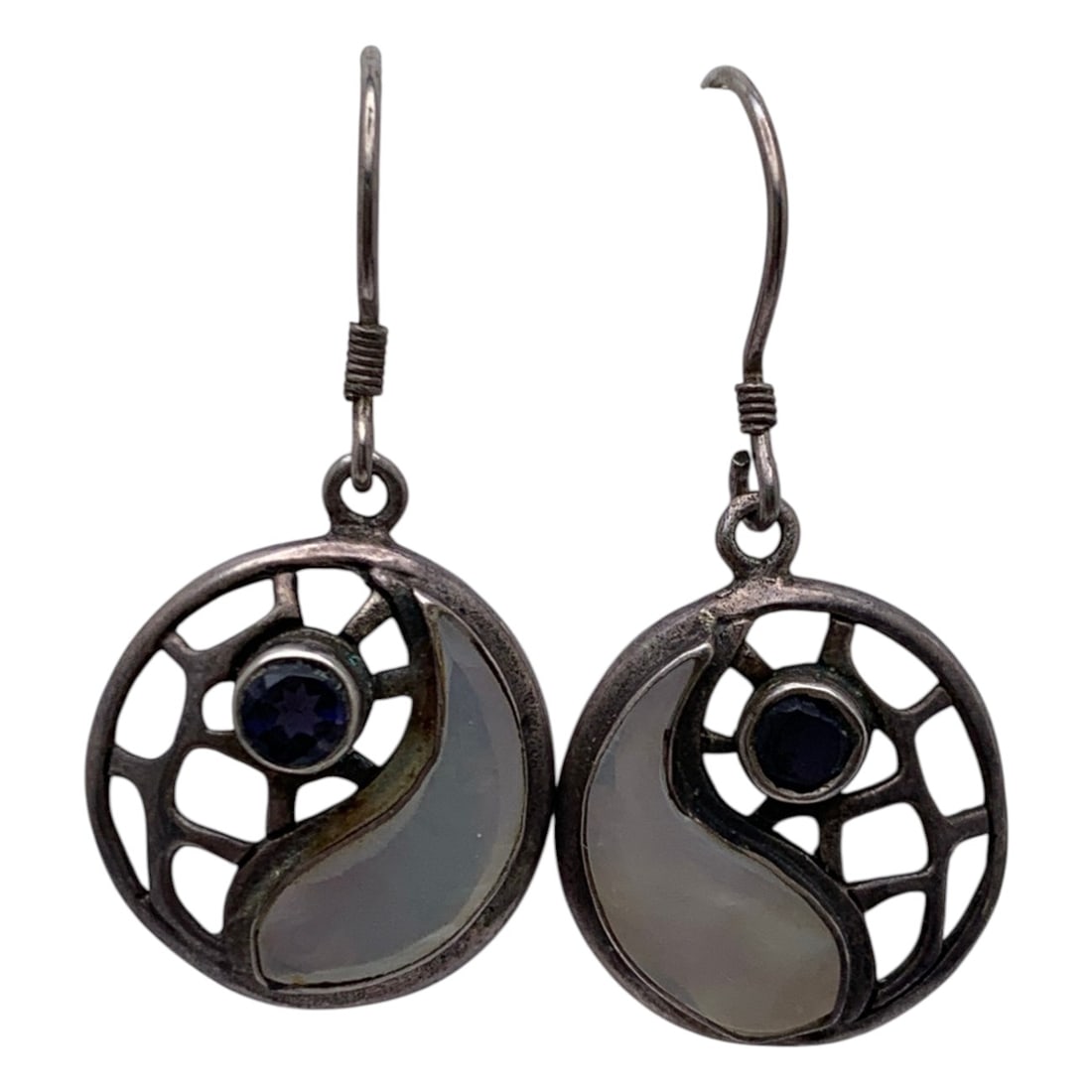 Sterling Mother Of Pearl & Purple Stone Earrings: Pair Of Sterling Mother Of Pearl & Purple Stone EarringsTests Silver - 1 3/8" Long - 4.2 Grams