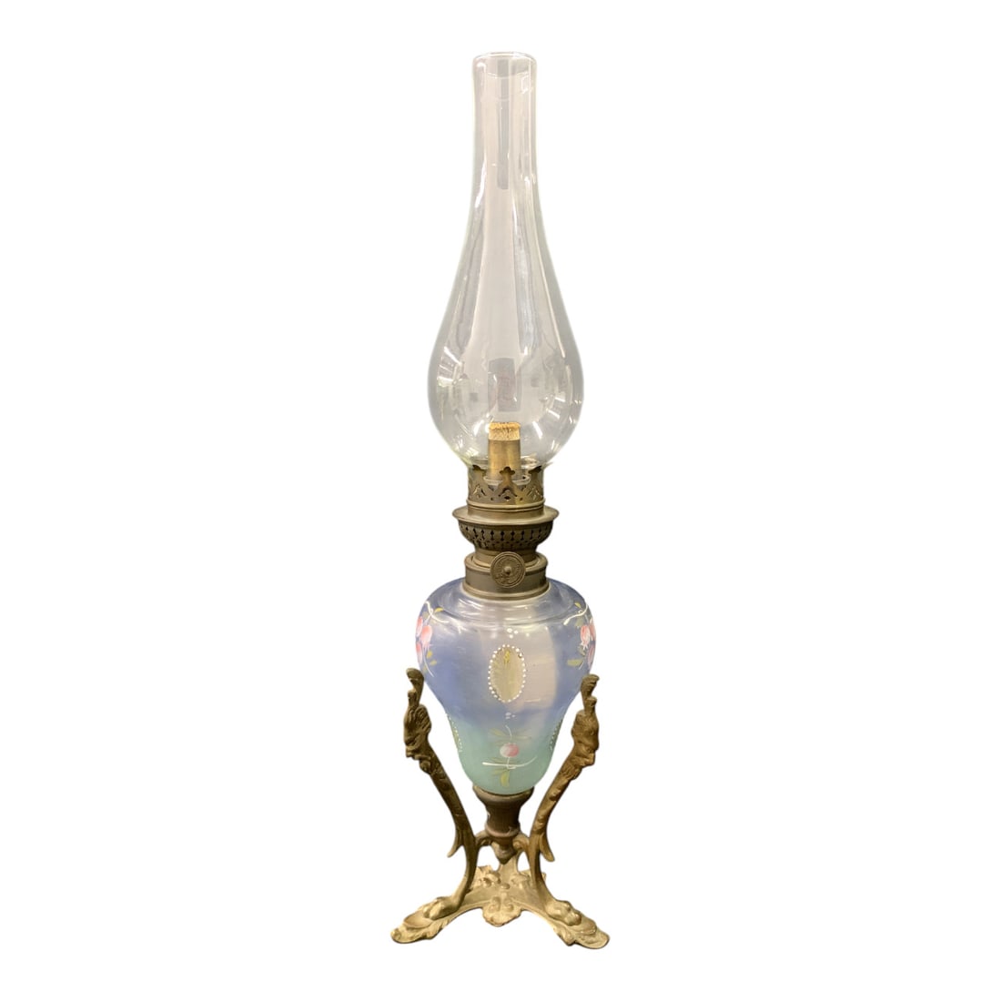 Antique Victorian Brass & Enameled Oil Lamp (1 of 7)