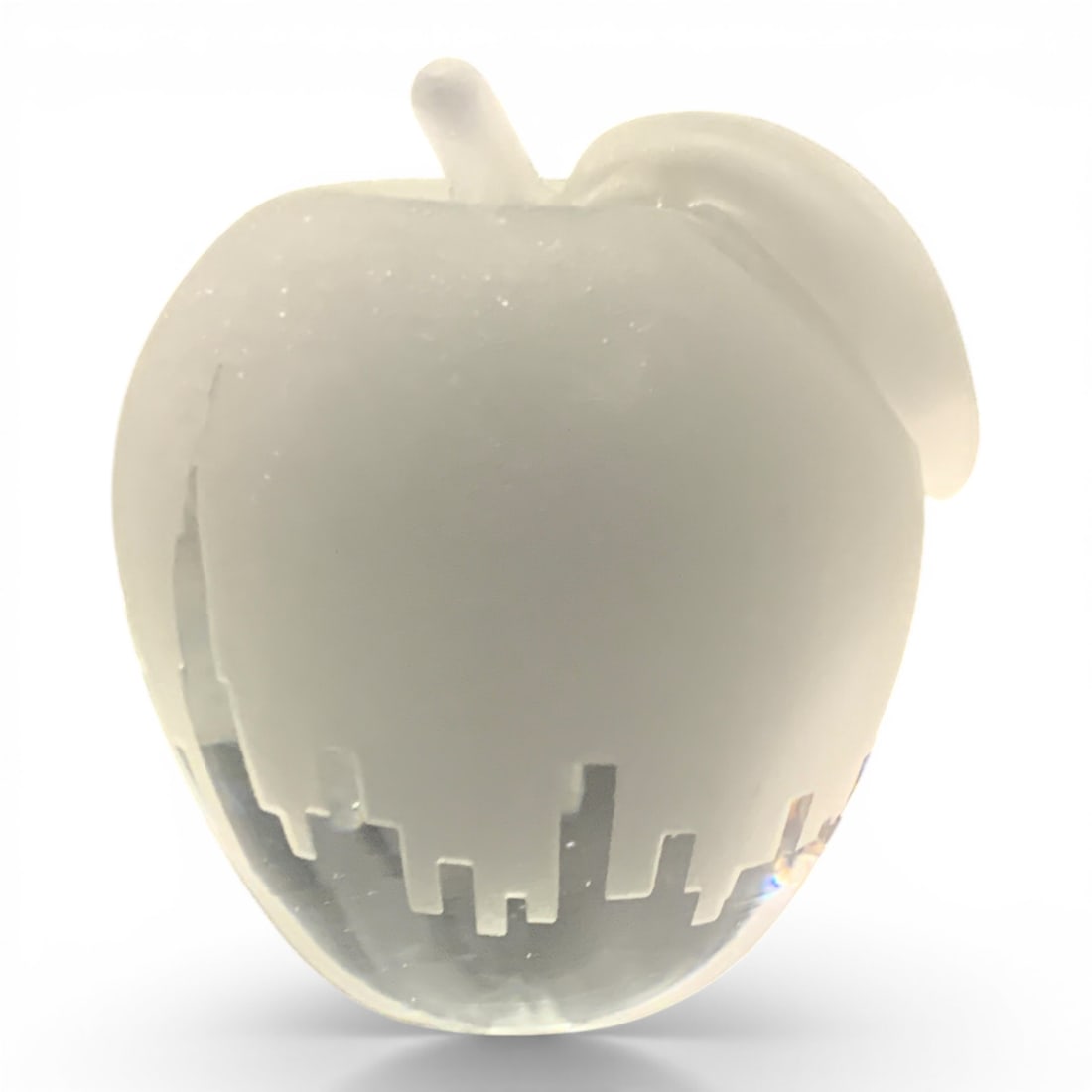 Silvestri Frosted Glass Apple Paperweight: Silvestri Frosted Glass Apple Paperweight Shaped Like An Apple Featuring A Clear New York Skyline Silhouette Etched Around The Paperweight3 1/2" Tall