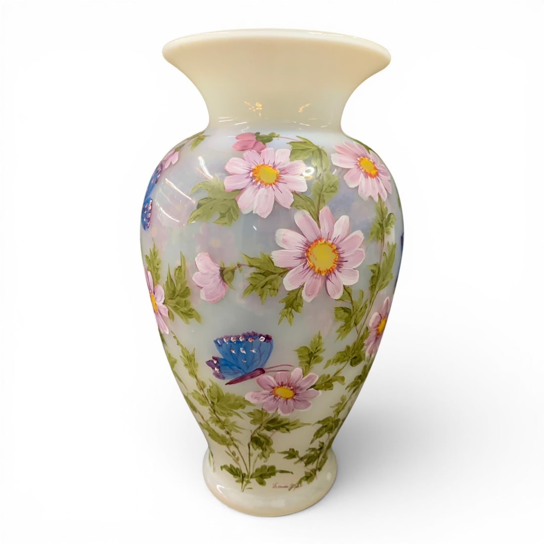 1987 Vintage Hand Painted Fenton Art Glass Vase: Signed 1987 Vintage Hand Painted Fenton Art Glass Vase With Floral Decorations On A Milk Glass BodySigned On Bottom: Merry Christmas Love Buddy 1987, Fenton, Hand Painted Louise Paper 11 30 8712 1/2" 
