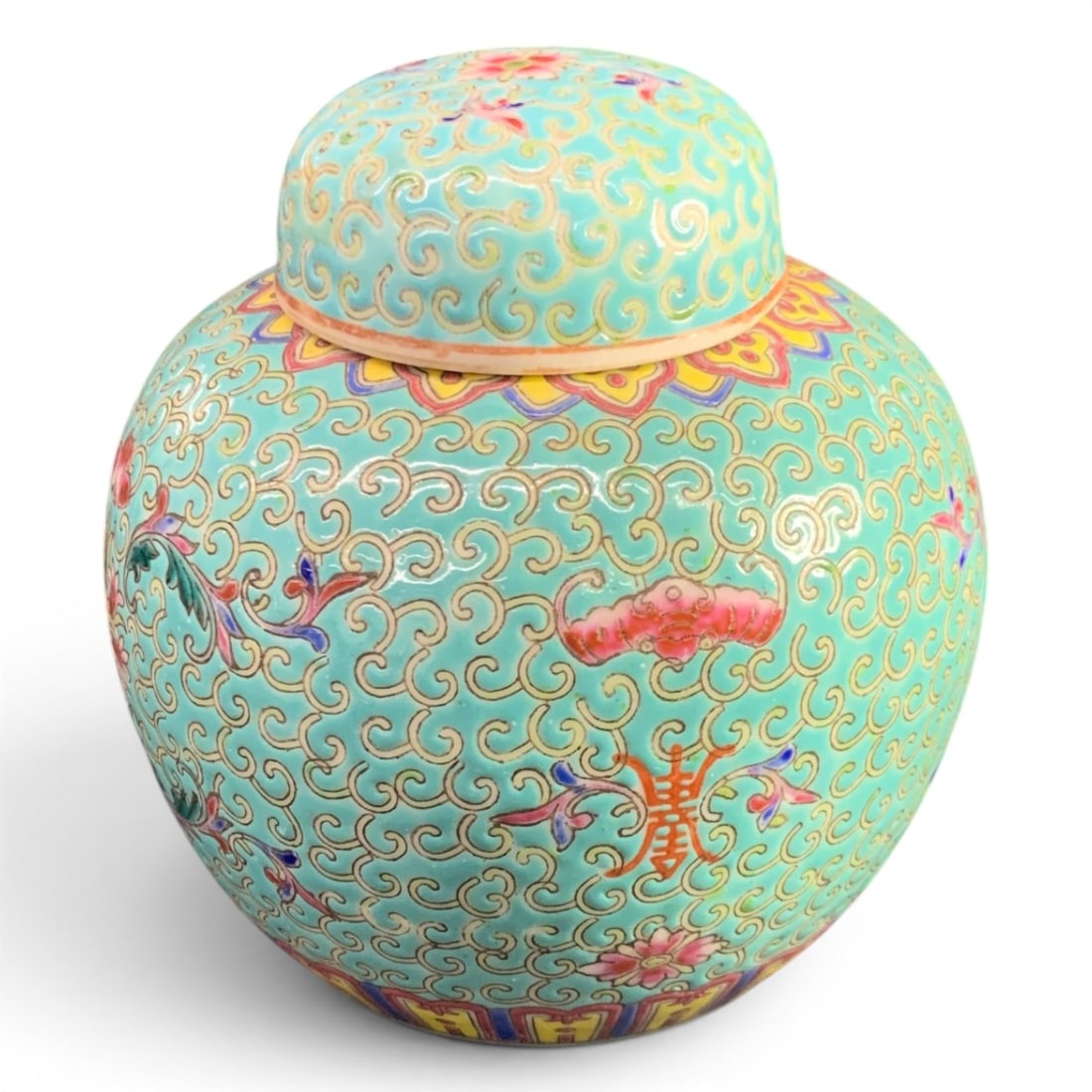 Signed Chinese Turquoise Porcelain Ginger Jar (1 of 5)