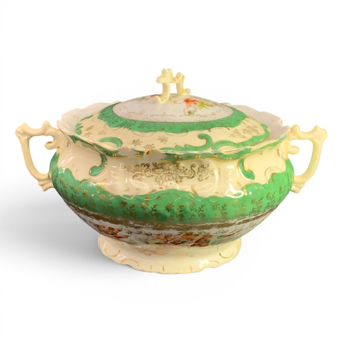 R W Bavaria Porcelain Covered Tureen: Vintage R W Bavaria Porcelain Covered Tureen Featuring Gold & Green DecorationMarked On Bottom: R W, Bavaria 5 1/2" Tall - 9" TallShows Chipping Around Rim - Se Photos