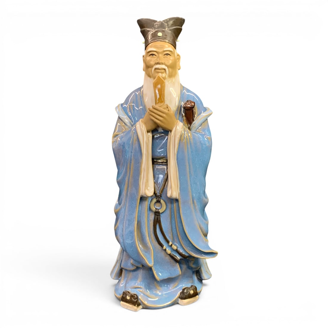 Vintage Shiwan Mudman Pottery Figurine: Vintage Shiwan Mudman Pottery Figurine Depicting A Scholar Standing With An Object In His Hands Marked On Bottom: China, 07613" Tall