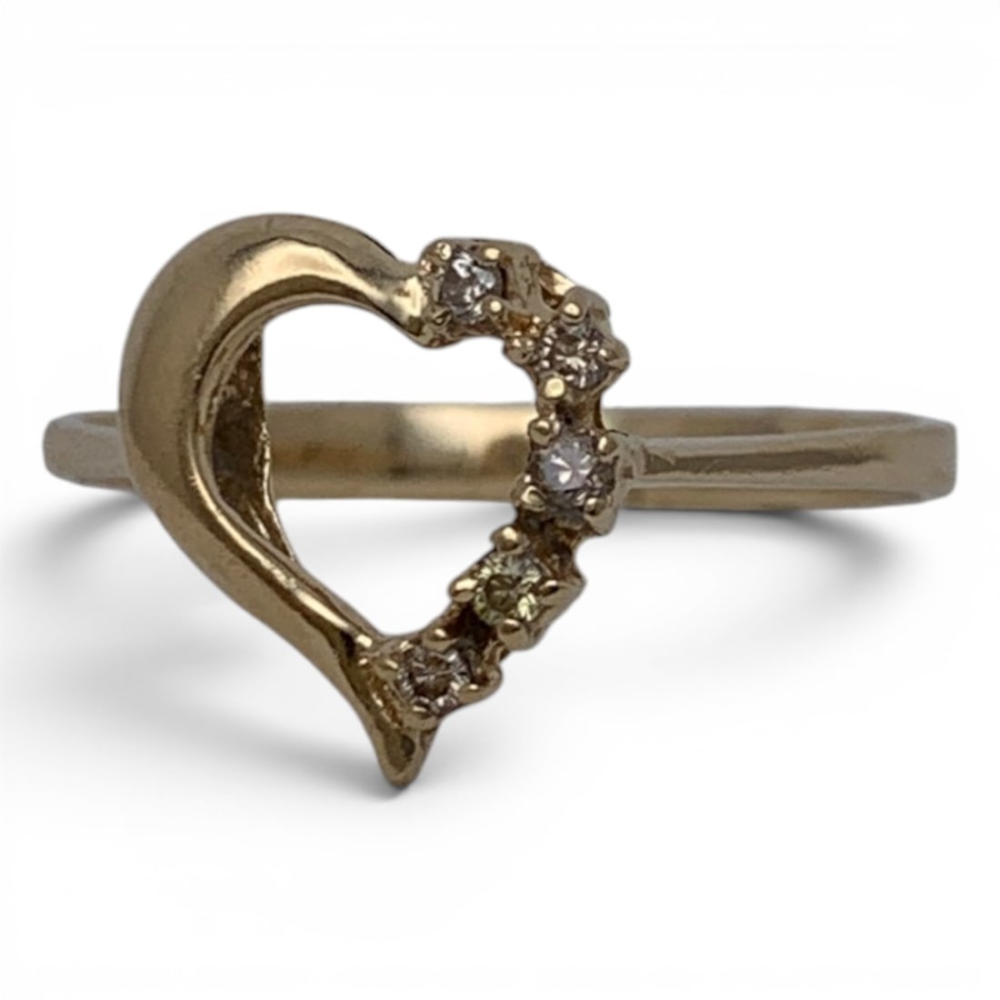 14k Yellow Gold & Diamond Heart Ring: 14k Yellow Gold Heart Design Ring Featuring 5 Round Cut Champagne Diamonds Approx. 0.02ct EachMarked 14k - Size 6 - 0.9 DwtGemstones Tested With Presidium Gem Tester Il - Berners Does Not Guarantee Au