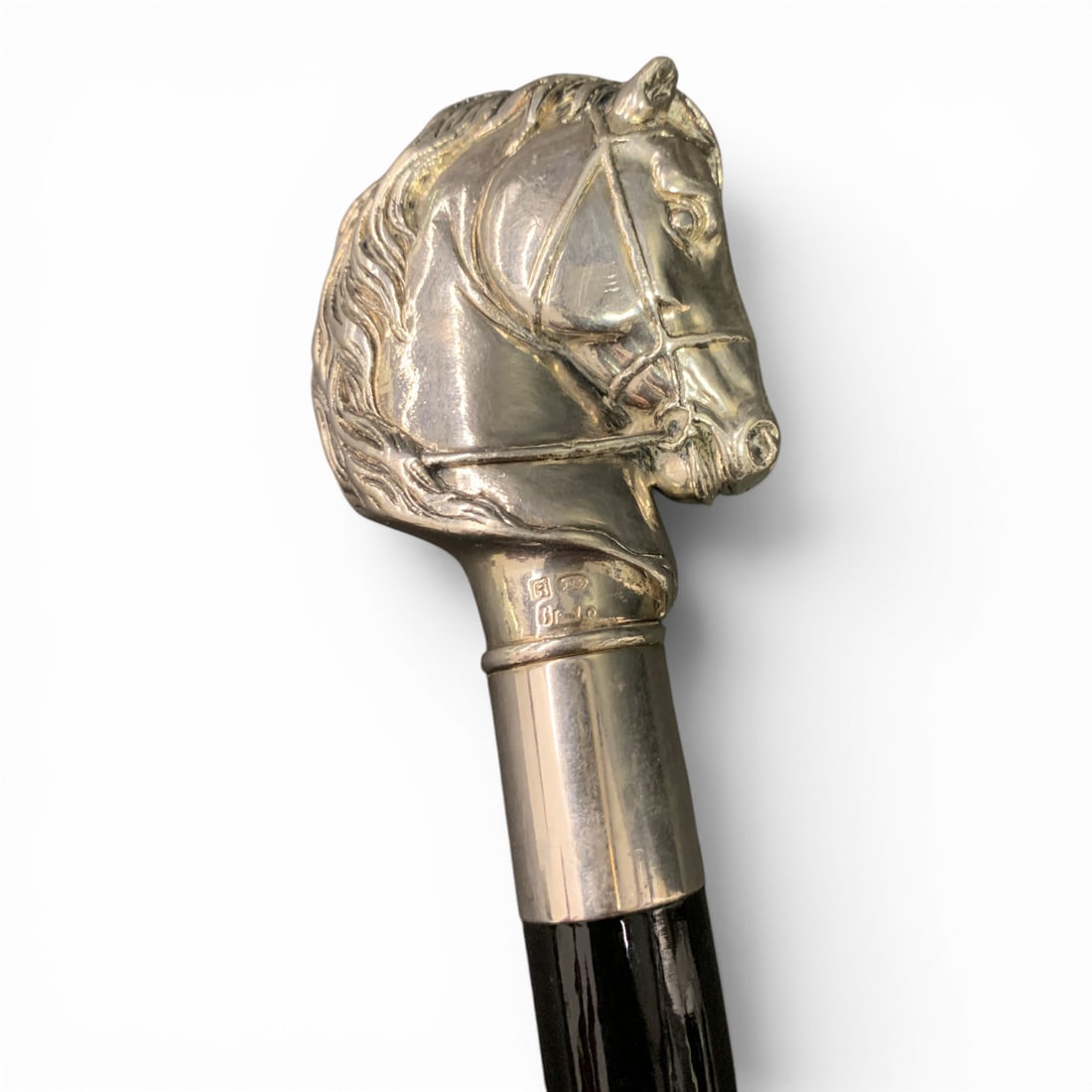 Vintage Wooden & Sterling Silver Horse Head Cane: Vintage Black Wood Cane Featuring A Sterling Silver Horse Head HandleMarked On Handle: 925, R, Gr37" Long