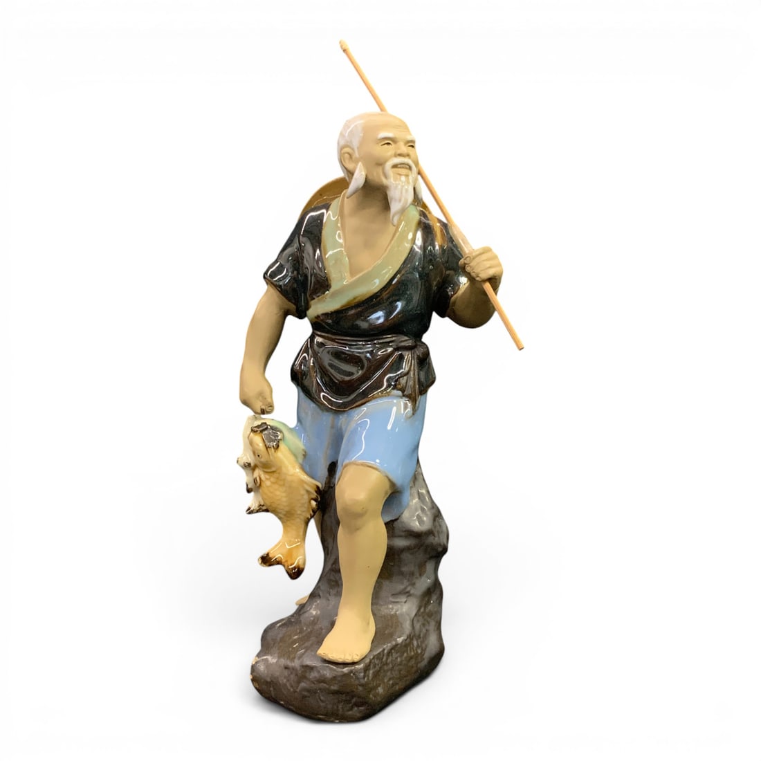Vintage Shiwan Mudman Pottery Figurine: Vintage Shiwan Mudman Pottery Figurine Depicting A Fisherman With His Catch Marked On Bottom: China, 22210 1/4" Tall
