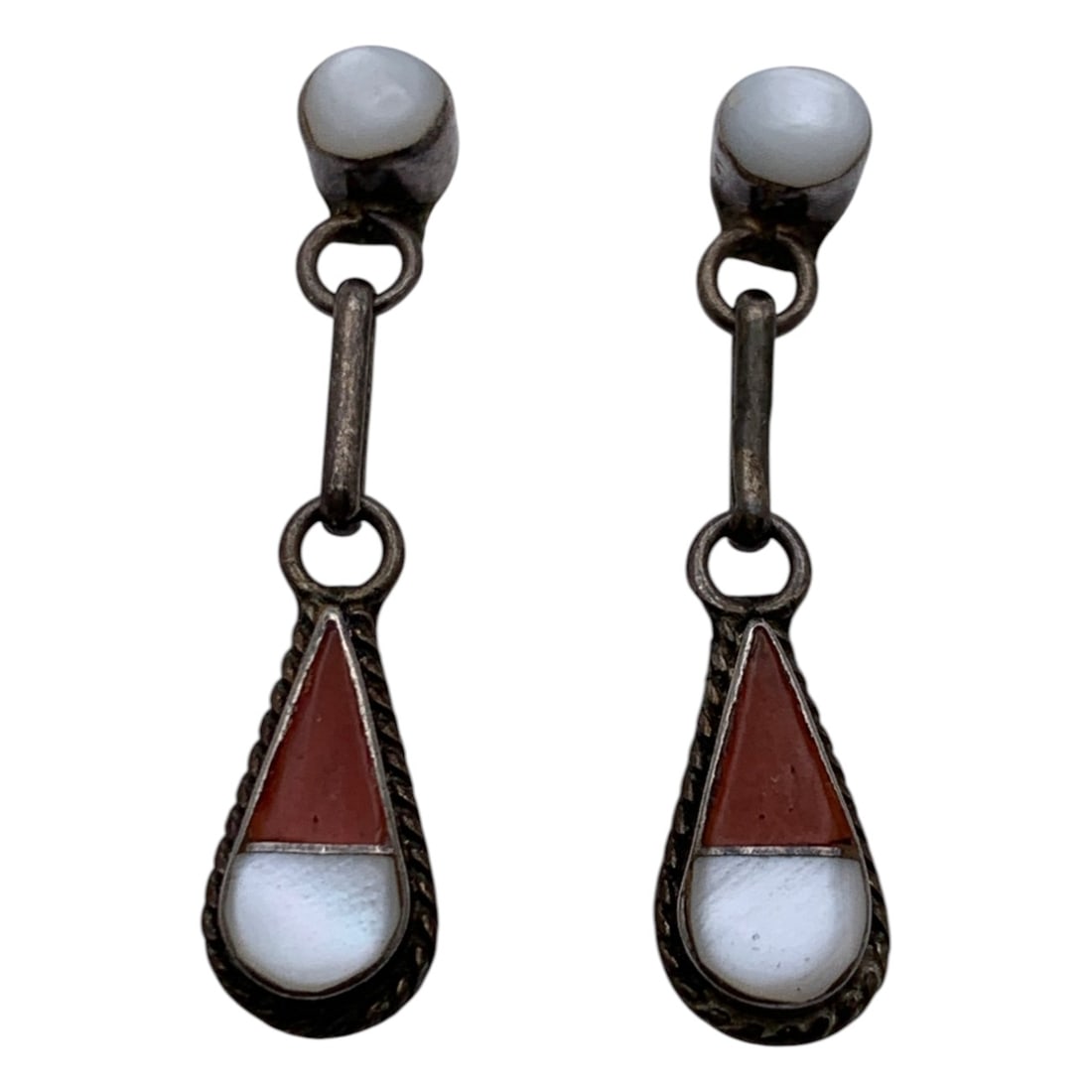 Pair Of Silver Mother Of Pearl & Coral Earrings: Pair Of Silver Mother Of Pearl & Coral Earrings Tests Silver - 1 1/4" Long - 2.3 Grams