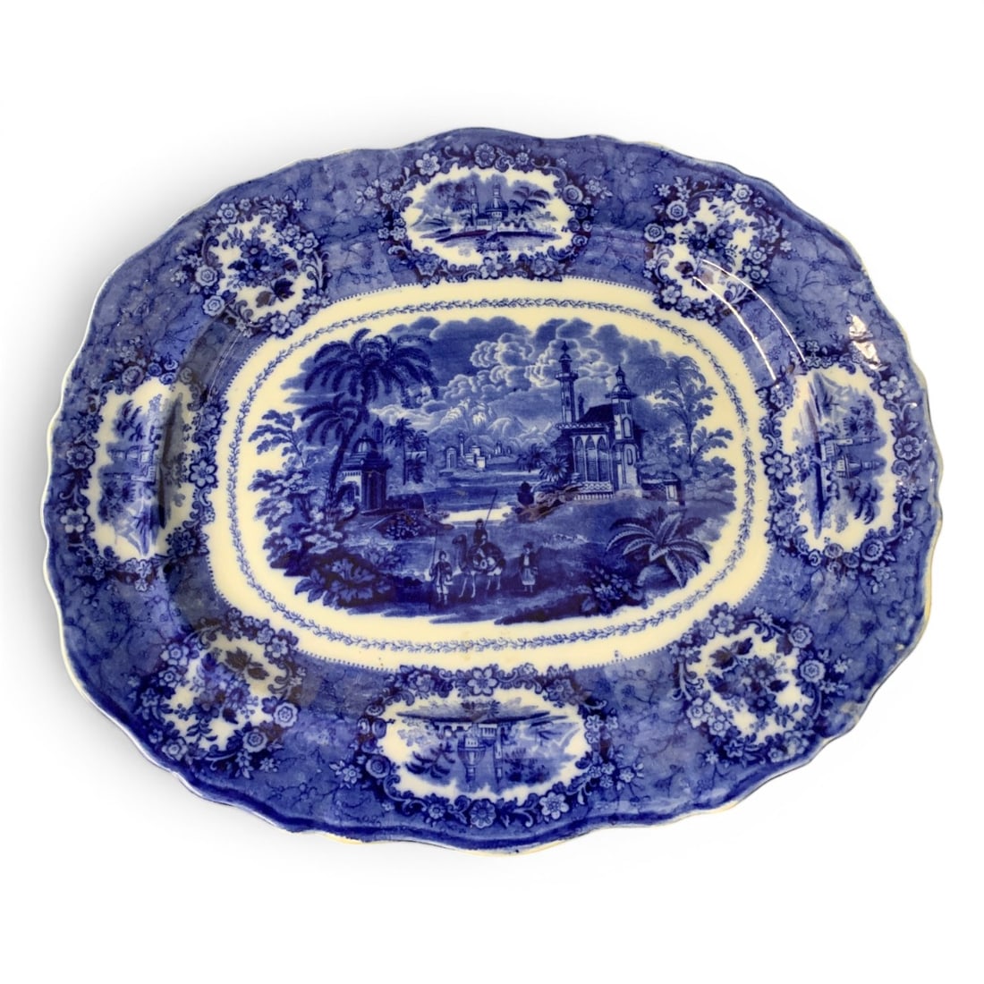 Antique 19th Century Stoneware Flow Blue Platter: Antique 19th Century Stoneware Flow Blue Platter By William Ridgway Bears Seal On Bottom: Ridgway England 16 7/8" Long