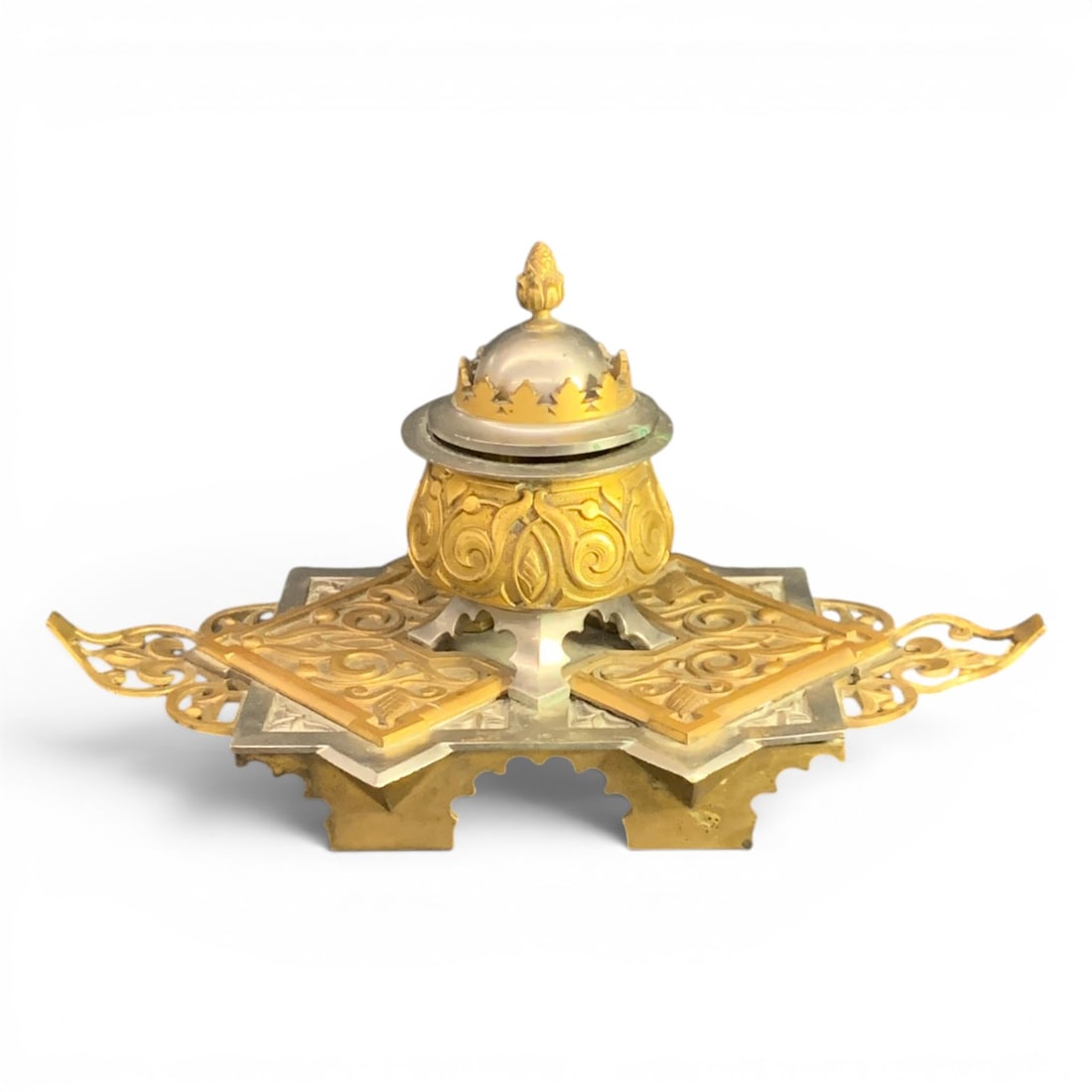 Vintage Austrian Style Metal Inkwell: Vintage Austrian Style Metal Inkwell Featuring An Ornate Stand And A Decorative Top10 12" Long - 6" Tall