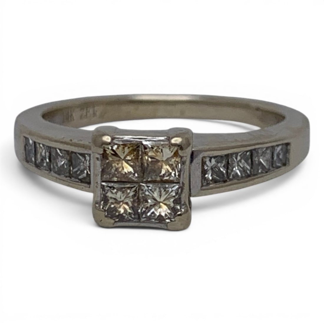 Vintage 14k White Gold & Diamond Ring: 14k White Gold Ring Featuring 4 Princess Cut Champagne Diamonds Set In A Square Shape Approx. 0.16ct Each. Channel Set Along The Band Are Square Cut White DiamondsMarked 14k - Size 6.5 - 2.8 DwtGemsto