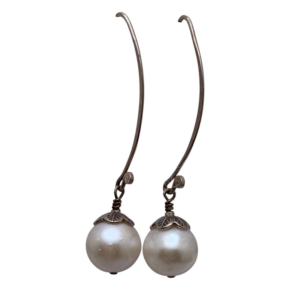 Pair Of Sterling Silver & White Pearl Earrings: Pair Of Sterling Silver & White Pearl Earrings Marked 925 - 2 1/8" Long - 5.9 Grams