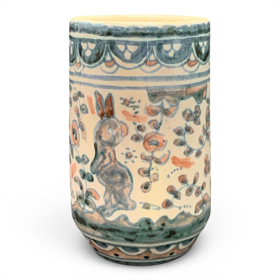 Vintage Ceramic Cup: Vintage Ceramic Cup Featuring A Blue & Red Motif Depicting A Rabbit Amidst Flowers And FoliageMarked On Bottom3 3/4" Tall