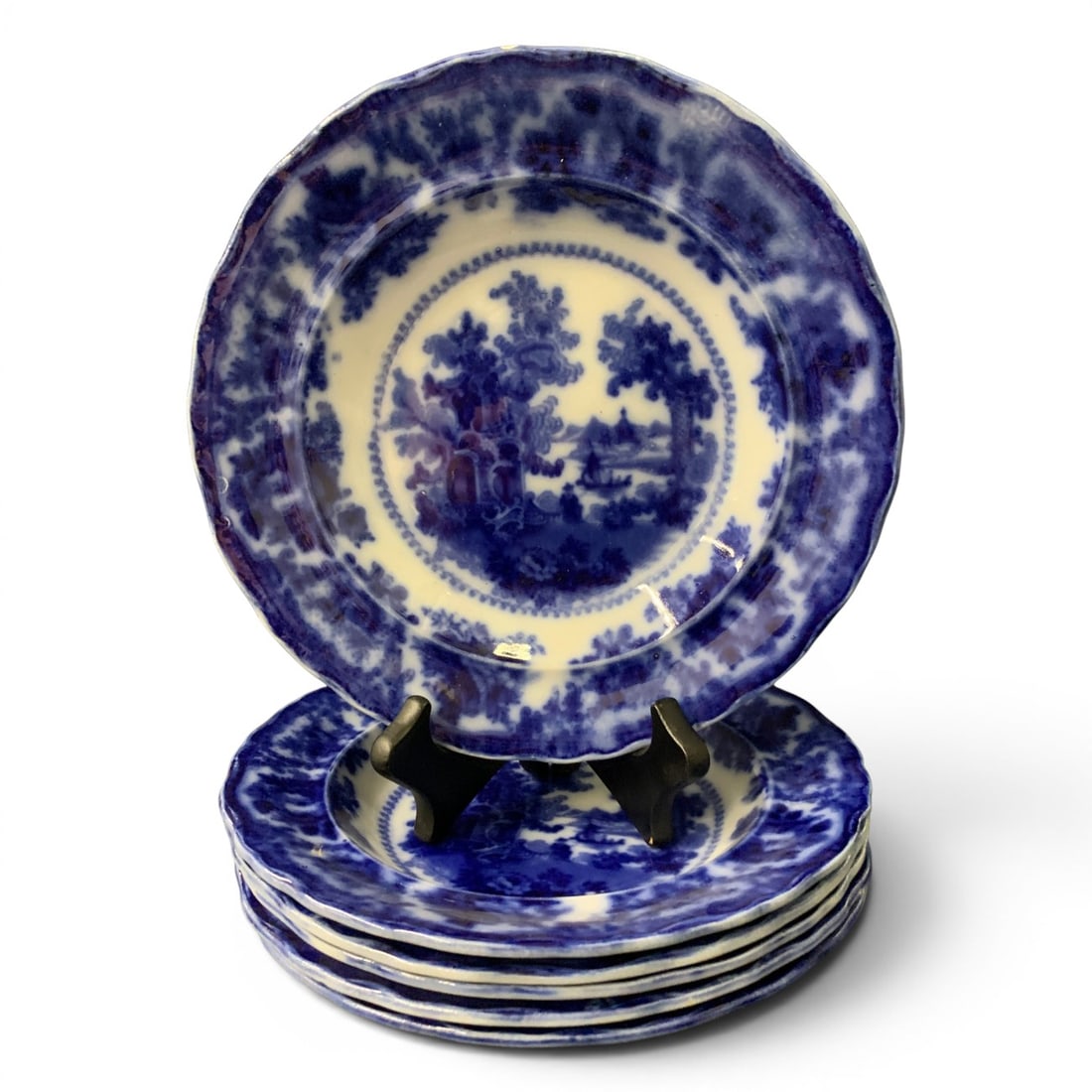 6 Antique Flow Blue Fairy Villas Porcelain Bowls: 6 Antique Flow Blue Fairy Villas Porcelain Bowls By W. Adams Of England Bears Seal On Back: Fairy Villas, England 8 7/8" Diameter