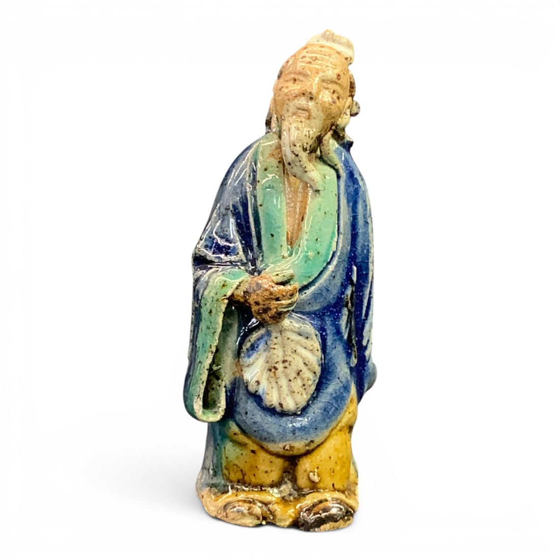 Vintage Shiwan Mudman Pottery Figurine: Vintage Shiwan Mudman Pottery Figurine Depicting A Wise Man Featuring Blue And Green Colored GlazeMarked On Bottom: China3 3/4" TallMissing Walking Stick