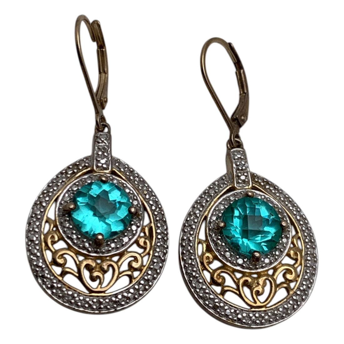 Pair Of Sterling & Green Stone Gold Tone Earrings: Pair Of Sterling & Green Stone Gold Tone Earrings Marked 925 - 1 5/8" Long - 9.3 Grams