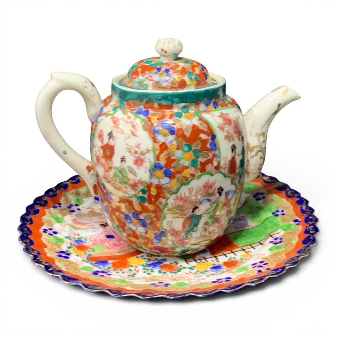 Antique Famille Rose Medallion Porcelain Teapot: Antique Famille Rose Medallion Porcelain Teapot With Hand Painted Scalloped Edge Plate Featuring Hand Painted Floral MotifsTeapot: 6" TallPlate: 8 3/8" Diameter