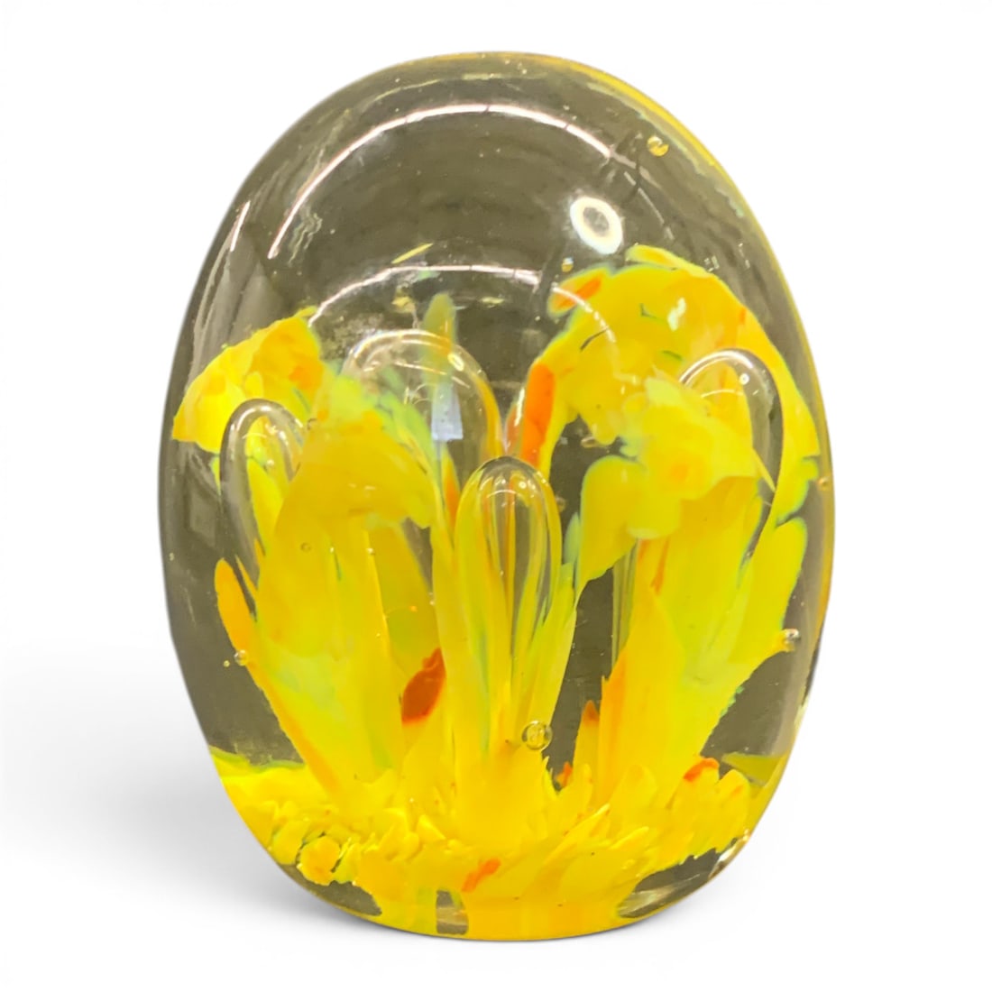 Glass Floral Paperweight: Glass Paperweight Featuring A Yellow Floral Design4 1/8" Tall