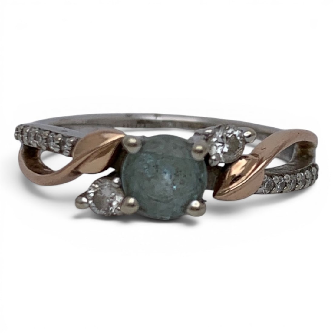 14k Two Tone Gold Quartz & Diamond Ring: 14k White & Rose Gold Ring With A Leaf Design Featuring A Prominent Round Cut Quartz Gemstone & Round Cut White Diamonds Marked 14k - Size 6 - 1.8 DwtGemstones Tested With Presidium Gem Tester Il - Be