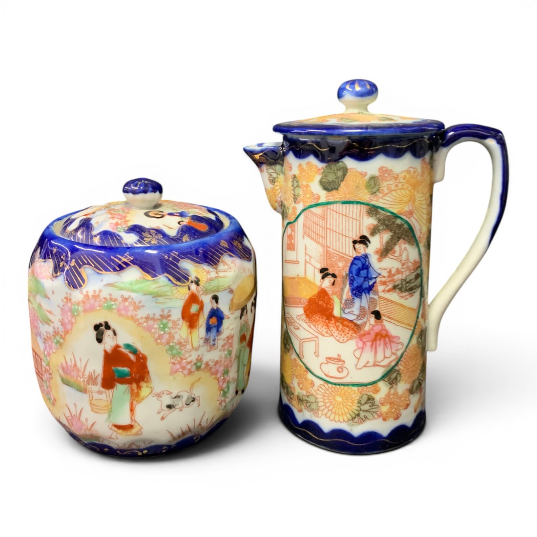 2 Hand Painted Japanese Porcelain Dishes: 2 Hand Painted Japanese Porcelain Dishes Hand Painted Biscuit Jar: 6 1/4" TallHand Painted Teapot: 8 1/2" Tall