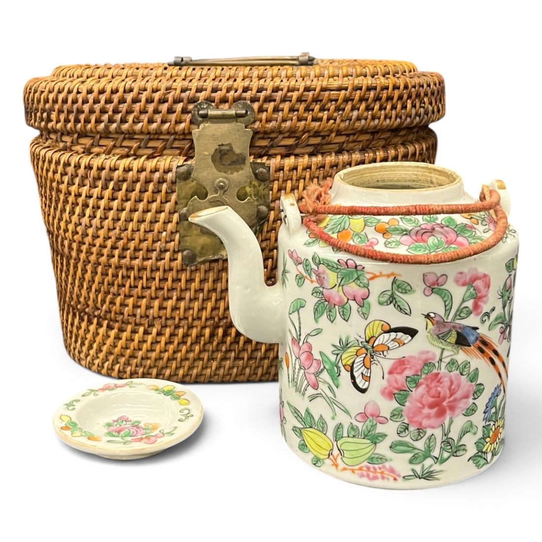 Antique Chinese Rose Medallion Picnic Tea Set: Antique Chinese Export Rose Medallion Picnic Tea Set Featuring Porcelain Decorated With Colorful Birds, Flowers And FiguresSet Includes A Porcelain Teapot And LidTeapot: 5 1/4" Tall