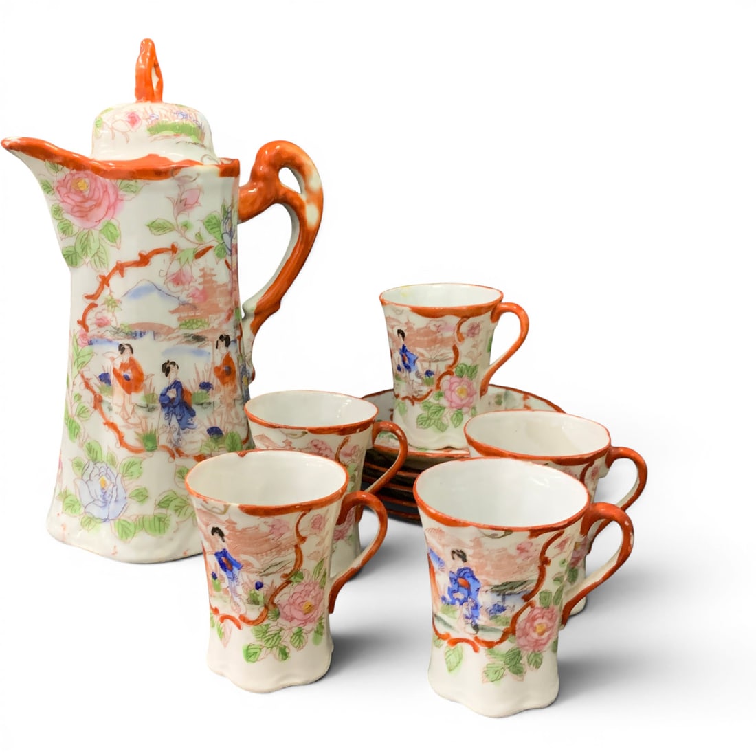 Vintage Japanese Hand Painted Chocolate Pot Set: Vintage Japanese Hand Painted Chocolate Pot Set Chocolate Pot: 10: Tall Marked Japan On The Bottom6 Teacups: 3" Tall, 1 Cup Shows Hairline Crack5 Saucers: 5" Diameter Marked Japan On The Bottom