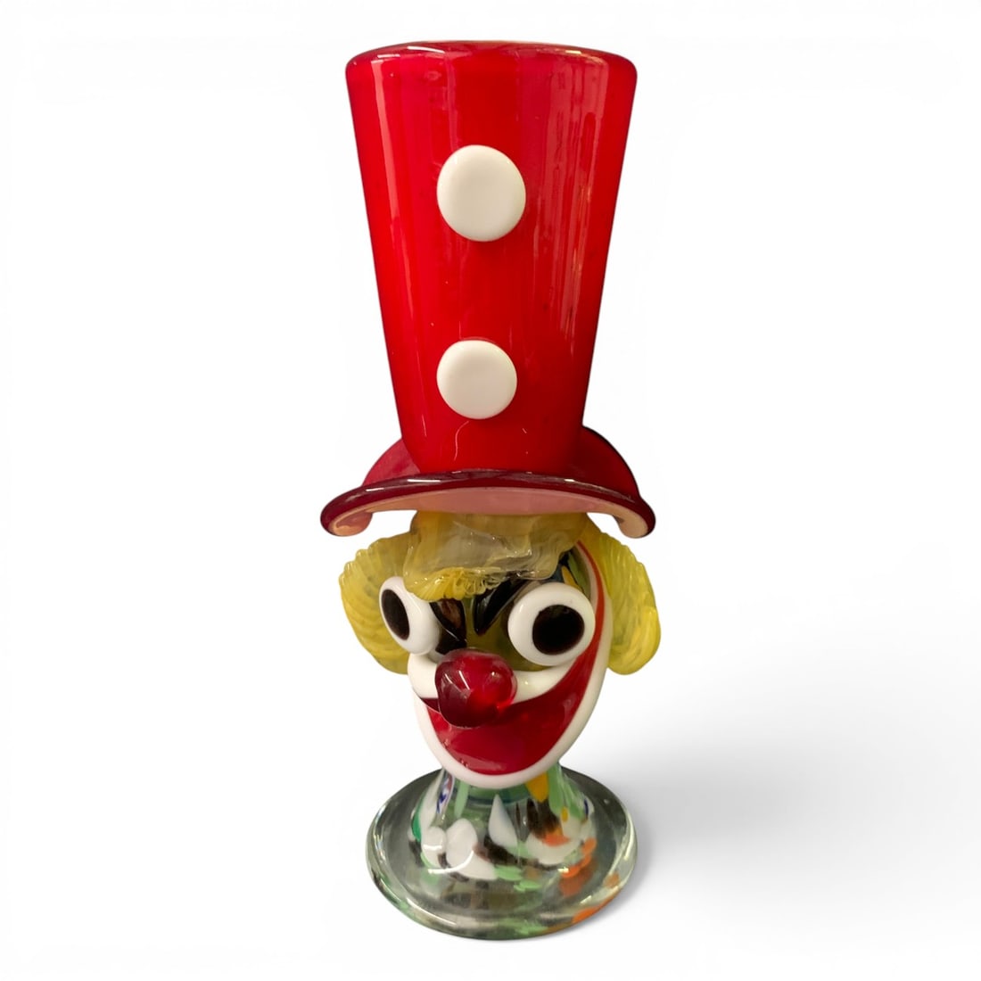 Vintage Murano Art Glass Clown Figurine: Vintage Murano Art Glass Clown Figurine With A Large Red Glass Hat 8 1/4" TallYellow Glass In Front Of Face Is Broken - See Photos