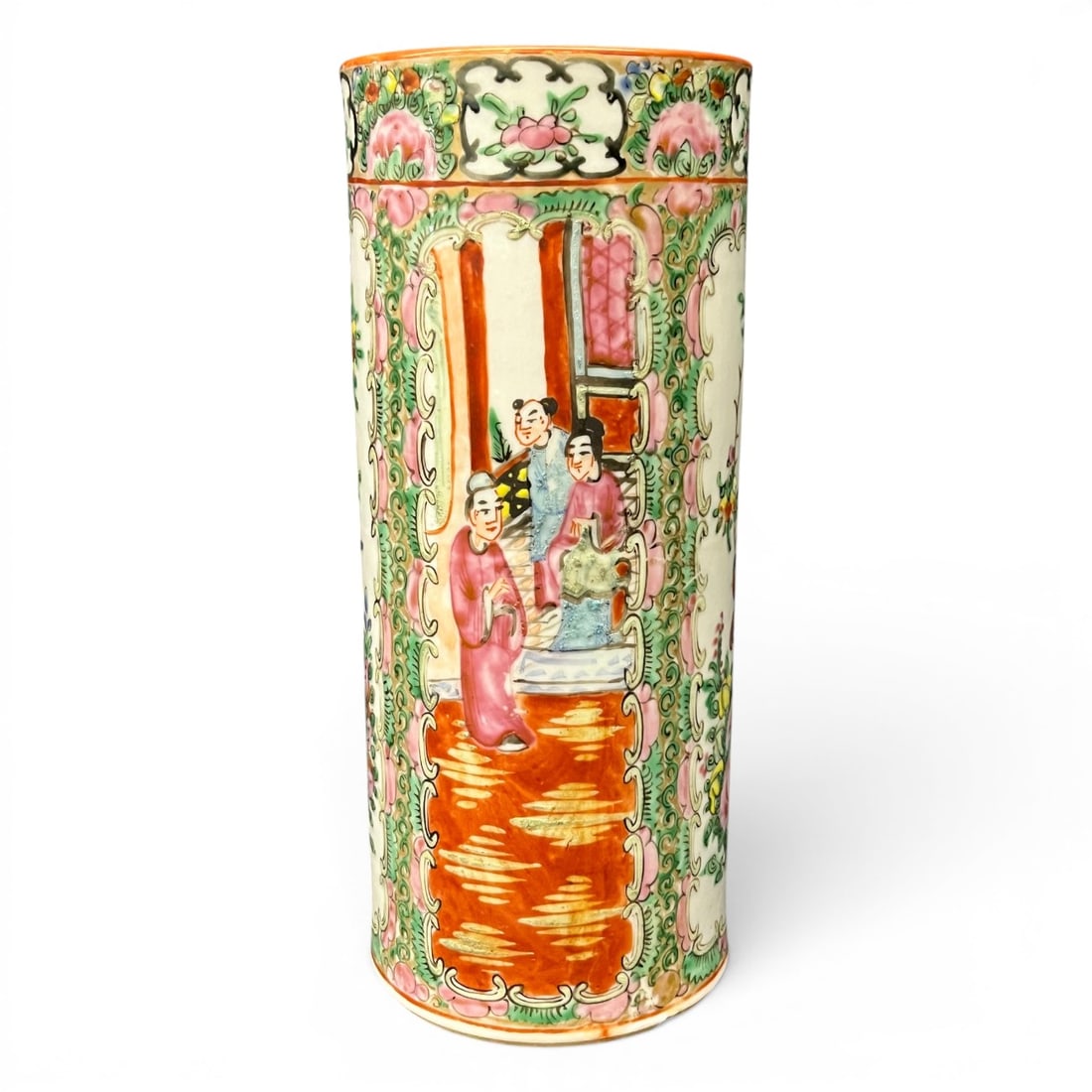 Chinese Famille Rose Mandarin Export Cylinder Vase (1 of 7)