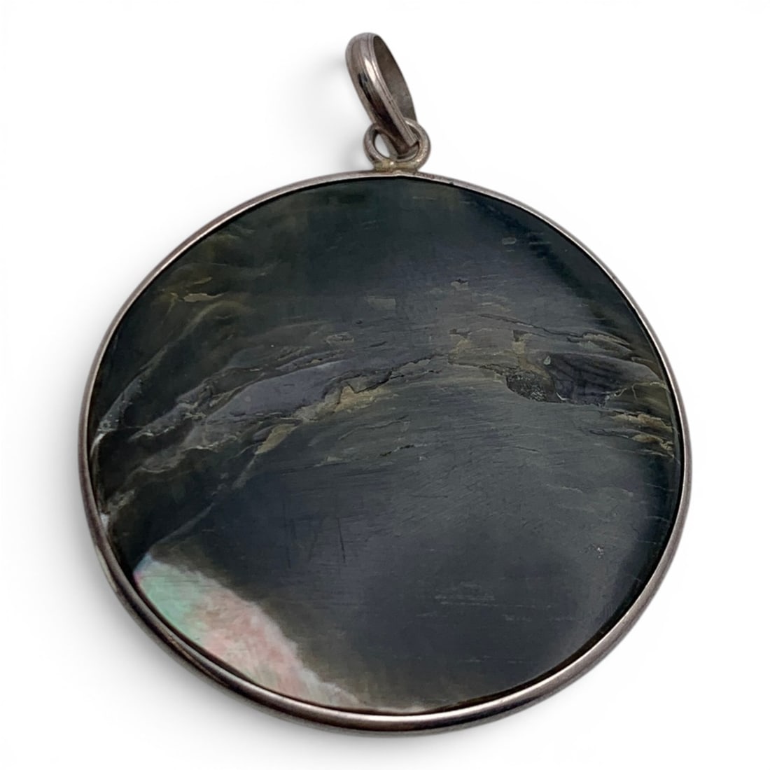 Sterling Silver & Mother Of Pearl Swirl Pendant: Sterling Silver Pendant Featuring A Swirled Mother Of Pearl Design Marked 925 - 2 1/4" Long - 12.3 Grams