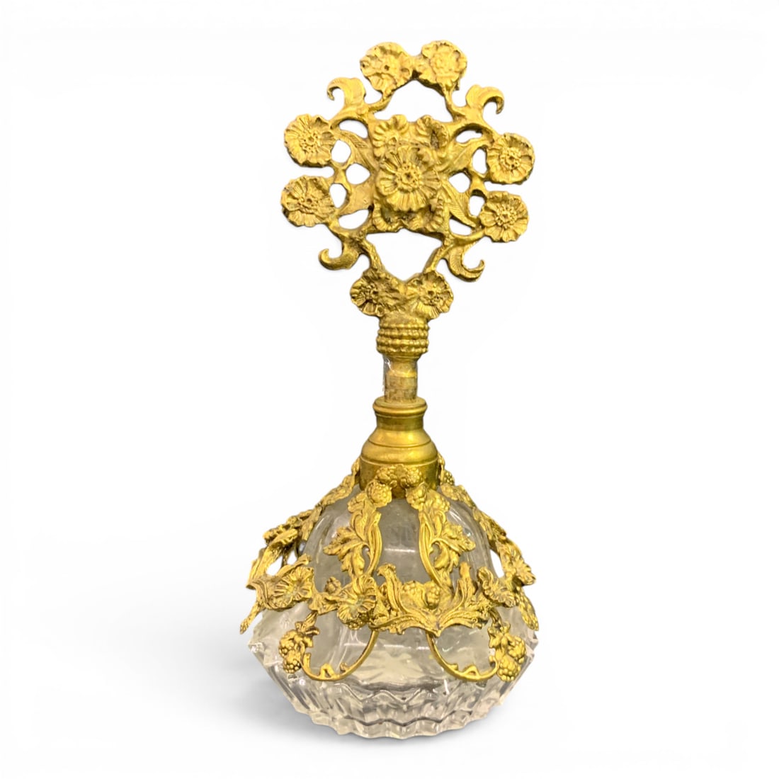 Vintage Glass & Brass Perfume Bottle: Vintage Glass Perfume Bottle Featuring Brass Overlay 6 5/8" Tall