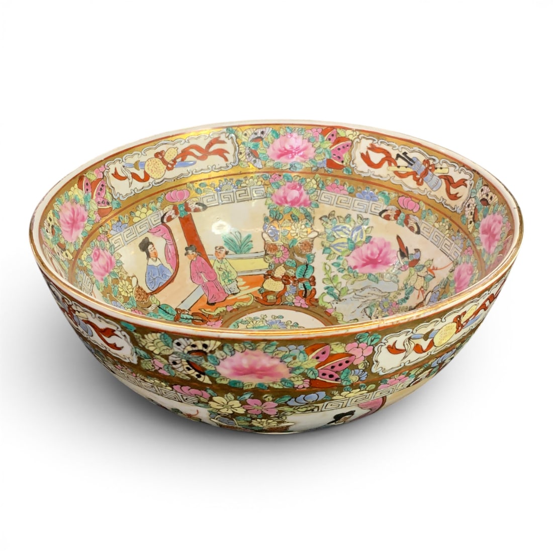Chinese Porcelain Rose Medallion Punch Bowl: Chinese Porcelain Rose Medallion Punch Bowl Featuring Hand Painted Panels Depicting Figures, Birds, And Flowers Accented With Gold HighlightsSigned On Bottom10" Diameter - 4 5/8" Tall