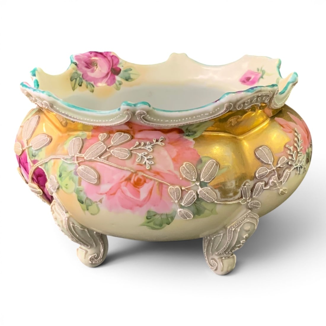 Antique Nippon Porcelain Footed Bowl: Antique Nippon Porcelain Footed Bowl Featuring Hand Painted Roses And Intricate Moriage Raised Enamel Decoration4 3/4" Tall - 7" Diameter