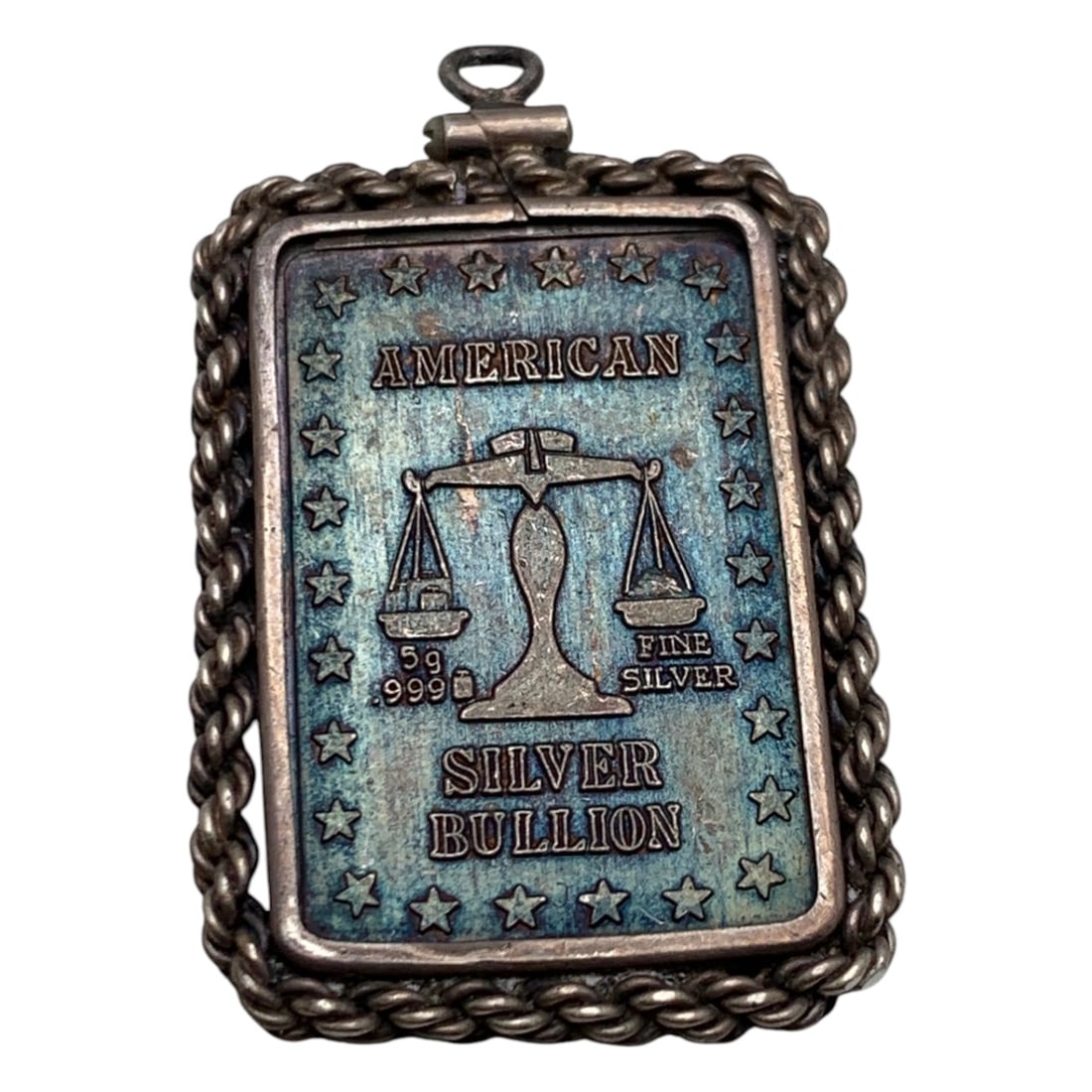 American .999 Silver Bullion Pendant: American .999 Silver Bullion Pendant Marked American .999 Fine Silver, 5g, Silver Bullion - 1 1/2" Long - 7.9 Grams