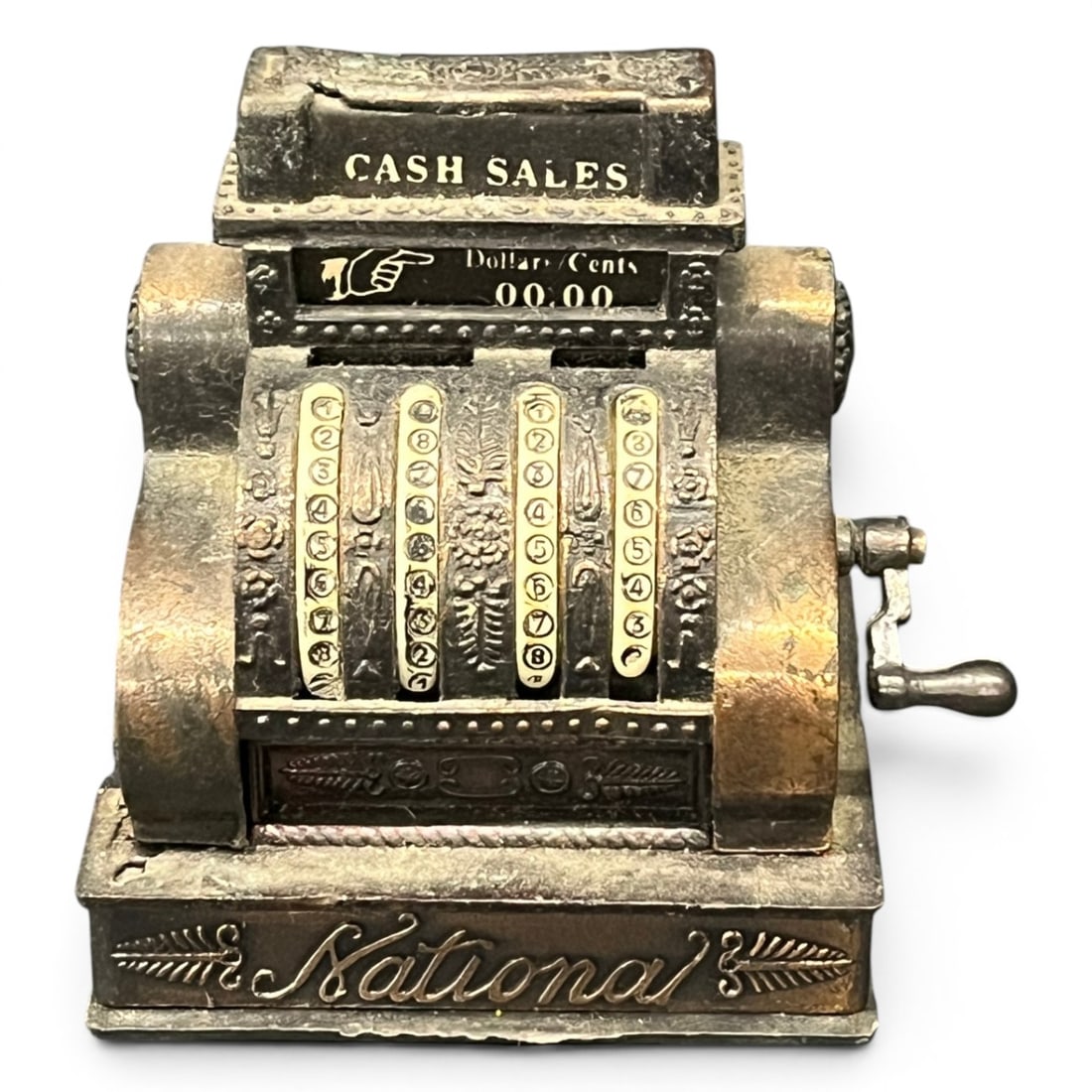 Die-cast Metal Miniature Pencil Sharpener: Die-cast Metal Miniature Pencil Sharpener Designed To Look Like A National Cash RegisterMarked: National2 3/8" Tall