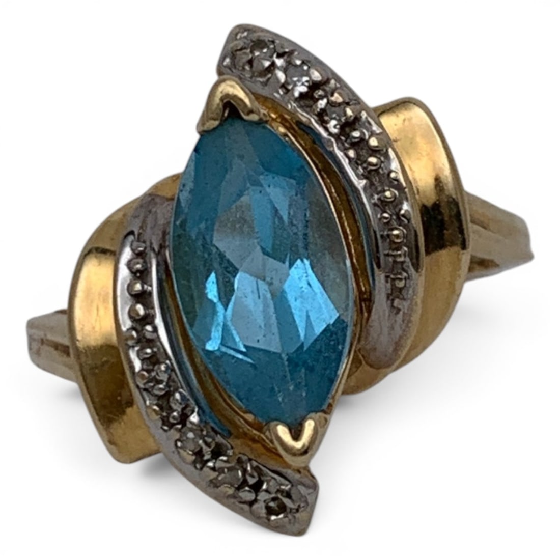 Vintage 14k Yellow Gold Sapphire & Diamond Ring: 14k Yellow Gold Ring Featuring A Marquise Cut Blue Sapphire Gemstone Flanked By 6 Round Cut White DiamondsMarked 14k - Size 7.25 - 2.9 DwtGemstones Tested With Presidium Gem Tester Il - Berners Does N