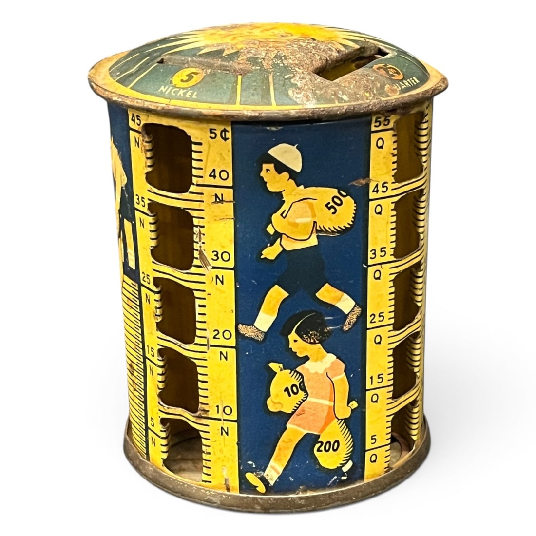 1938 Kriegsfeld Tin Litho Rotary Coin Sorter Bank: Vintage 1938 Kriegsfeld Tin Litho Rotary Coin Sorter Bank Featuring Graphics Of Children Saving Money3 1/2" TallShows Wear