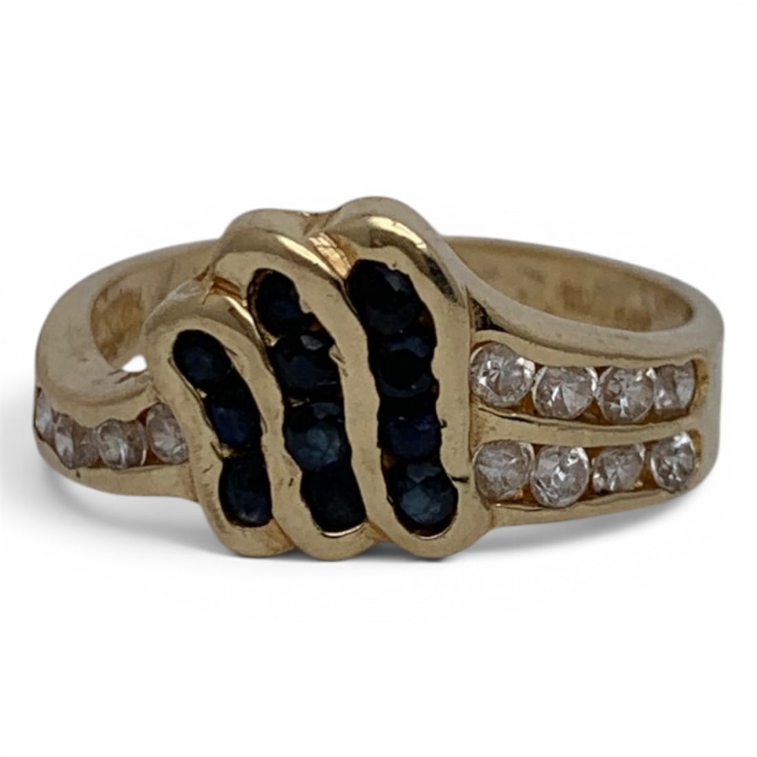 Vintage 14k Yellow Gold Diamond & Sapphire Ring: Vintage 14k Yellow Gold Ring Featuring Round Cut Blue Sapphires And Round Cut White Diamonds Approx. 0.03ct EachMarked 14k - Size 6 - 1.9 DwtGemstones Tested With Presidium Gem Tester Il - Berners Doe