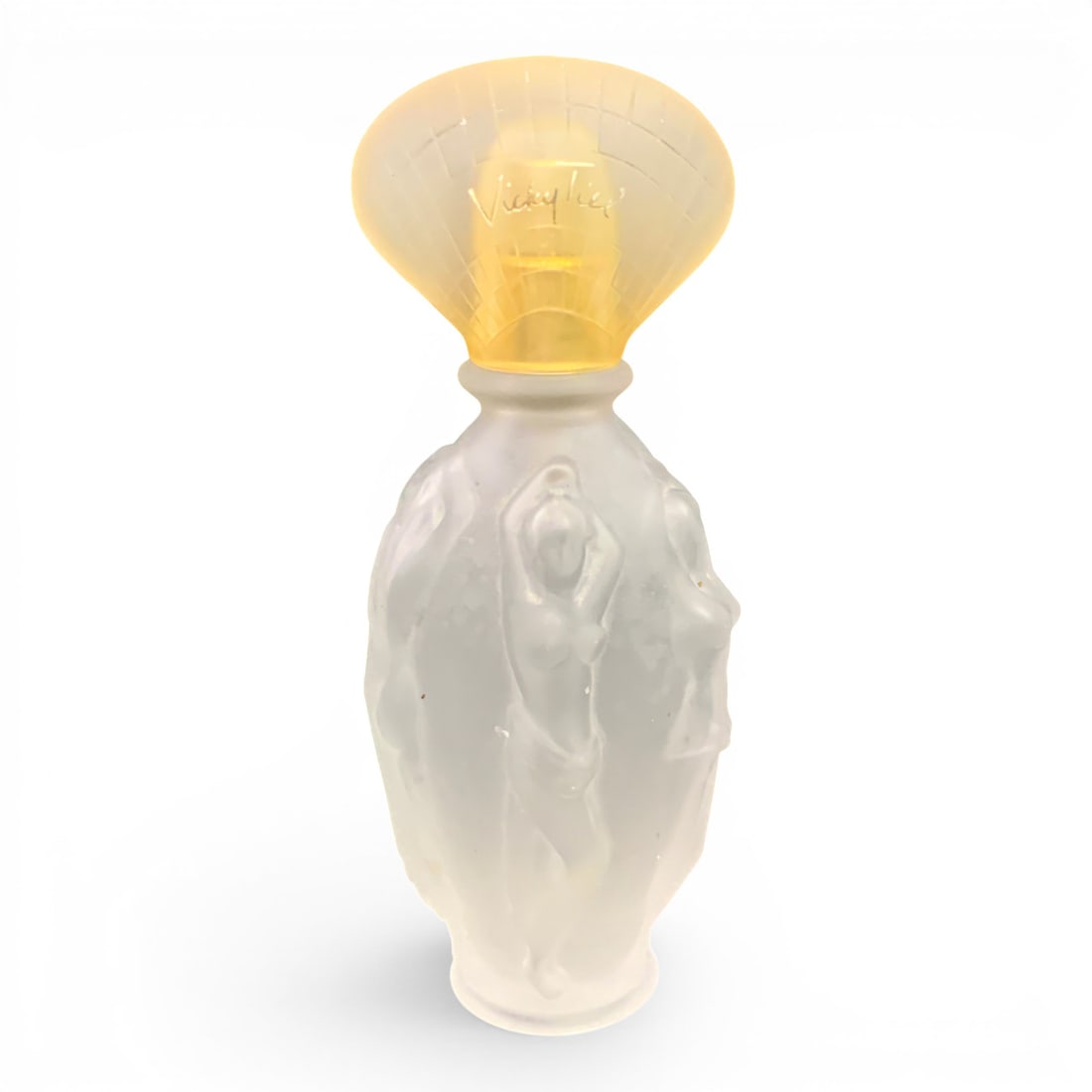 Vicky Tiel Frosted Nude Perfume Bottle: Vintage Vicky Tiel Empty Perfume Bottle Featuring Frosted Nude Figures Marked: Vicky Tiel, Made In France6 1/4" Tall