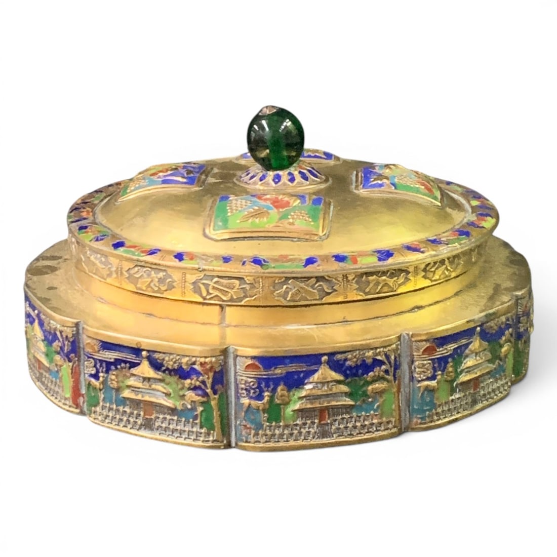 Antique Chinese Brass And Enamel Covered Box: Antique Chinese Brass And Enamel Covered Box Featuring Colorful Panels And A Green Glass Bead Handle Marked On Bottom: China4" Tall - 6 7/8" Diameter