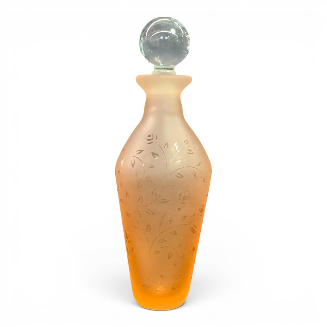 Vintage Silvestri Art Glass Etched Perfume Bottle: Vintage Silvestri Art Glass Perfume Bottle Featuring An Etched Leaf And Vine Design Marked: Hand Crafted For Silvestri7" Tall