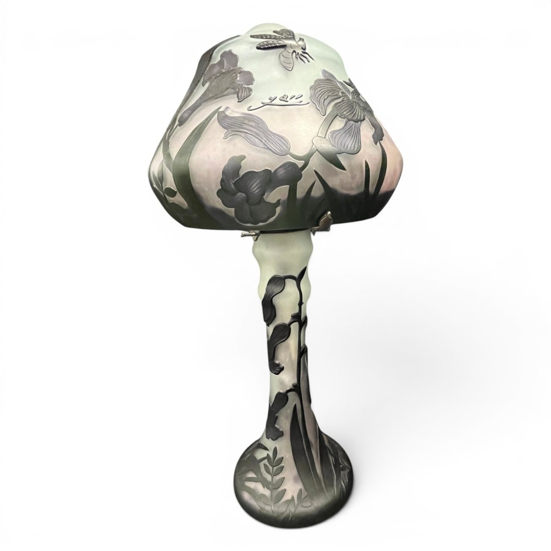 Reproduction Galle Table Lamp: Reproduction Galle Table Lamp Featuring A Mushroom Shaped Shaped Decorated With Floral And Dragonfly MotifsSigned On Side Of Shade: Gall18" Tall