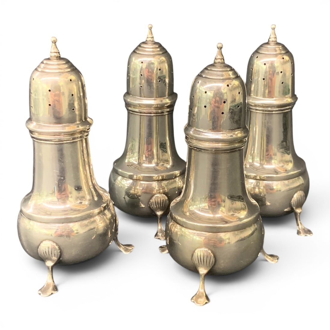 4 B. & M. Sterling Silver Salt & Pepper Shakers: 4 B. & M. Sterling Silver Salt & Pepper Footed Shakers Marked On Bottom: B. & M., Sterling 434 3/4" Tall8.500 Total Ozt