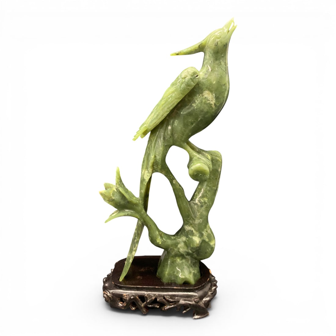 Antique Kwangtung Green Jade Stone Bird Carving: Antique Kwangtung Green Jade Stone Carving Of A Bird On A Branch Sitting Atop A Wodden BaseBears Sticker Tag On Fitted Presentation Box: Kwangtung12" Tall