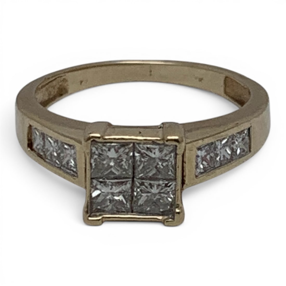 14k Yellow Gold & White Diamond Ring: 14k Yellow Gold Ring Featuring 4 Princess Cut White Diamonds Approx. 0.24ct Each. Set Along The Band Are 6 Princess Cut White Diamonds Approx. 0.10ct EachTests 14k - Size 6.25 - 2.1 DwtGemstones
