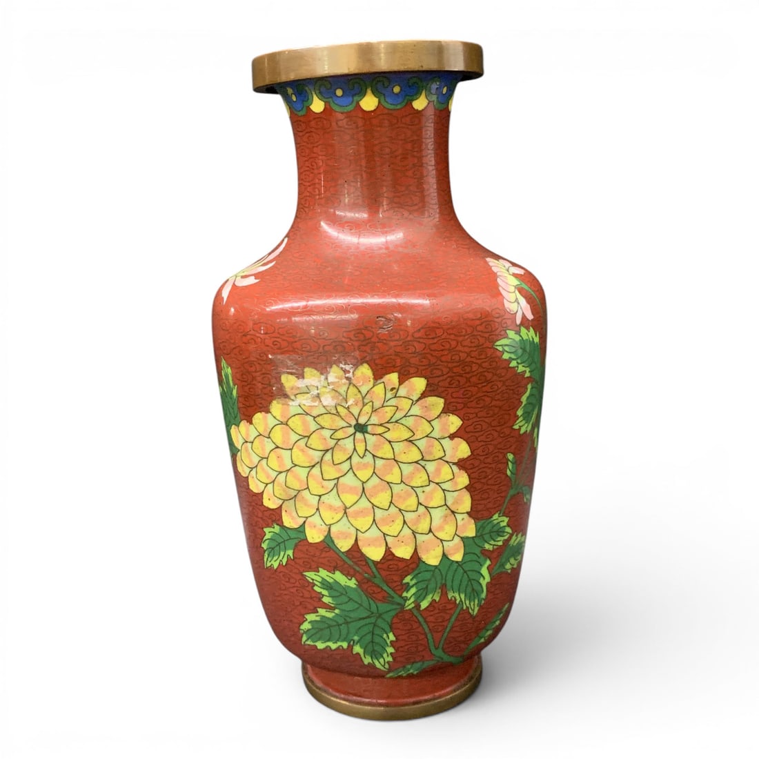 Vintage Chinese Red Cloisonne Vase: Vintage Chinese Cloisonne Vase Featuring A Red Background With Pink & Yellow Flower Motifs9 1/8" TallShows Some Damage - See Photos