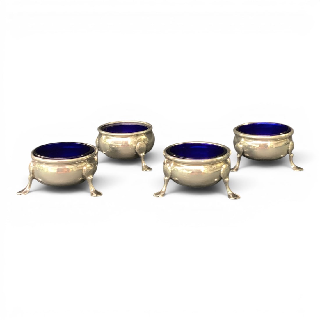 4 B. & M. Sterling Silver Salt Cellars: 4 Vintage B. & M. Sterling Silver Salt Cellars Featuring A Removable Cobalt Blue Glass Liner.Marked On Bottom: B. & M., Sterling 431 1/4" Tall4.225 Total Ozt Without Blue Glass Liners